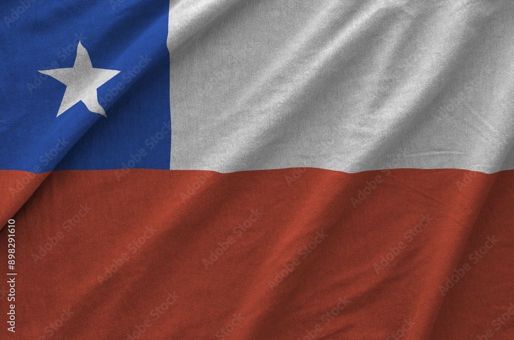 Fototapeta premium Chile flag depicted on folded wavy fabric of old cloth close up