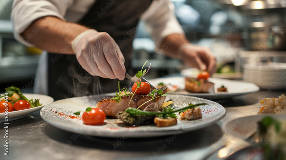 A chef plating a healthy meal in a restaurant kitchen, ready to be served to a customer A chef plating a healthy meal in a restaurant kitchen, ready to be served to a customer
