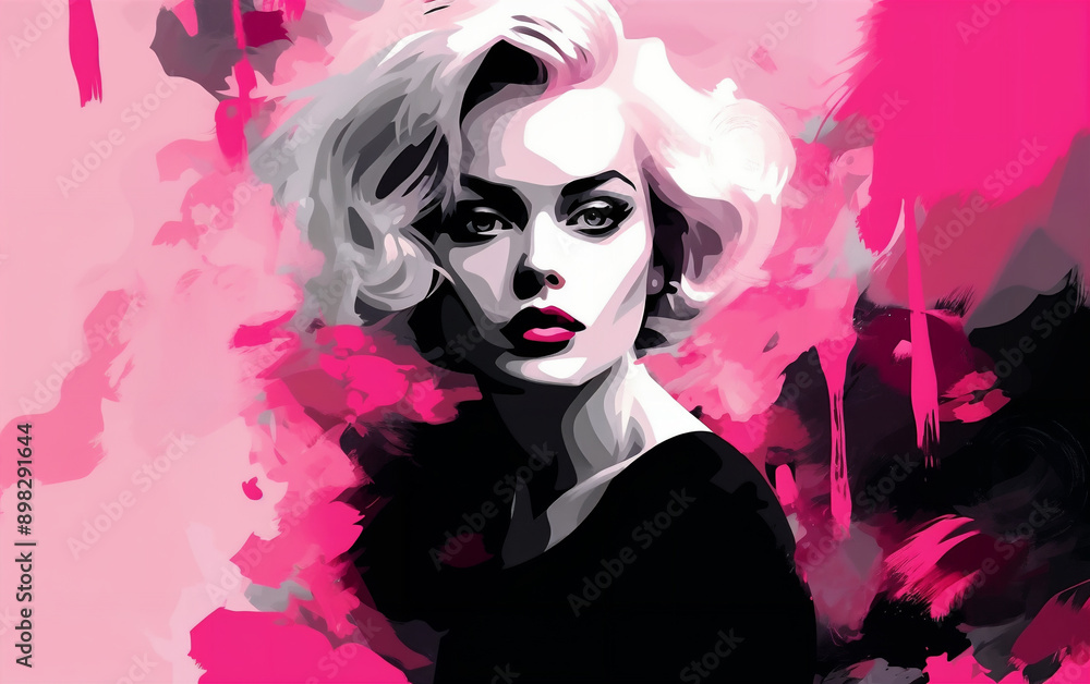 a painting of a woman with blonde hair and black dress on a pink background with a pink background and a pink background a painting of a woman with blonde hair and black dress on a pink background with a pink background and a pink background