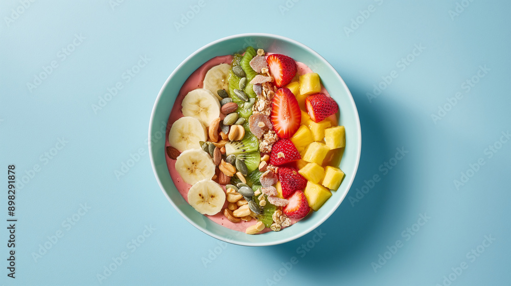A vibrant smoothie bowl with tropical fruits, nuts, and seeds arranged on top A vibrant smoothie bowl with tropical fruits, nuts, and seeds arranged on top