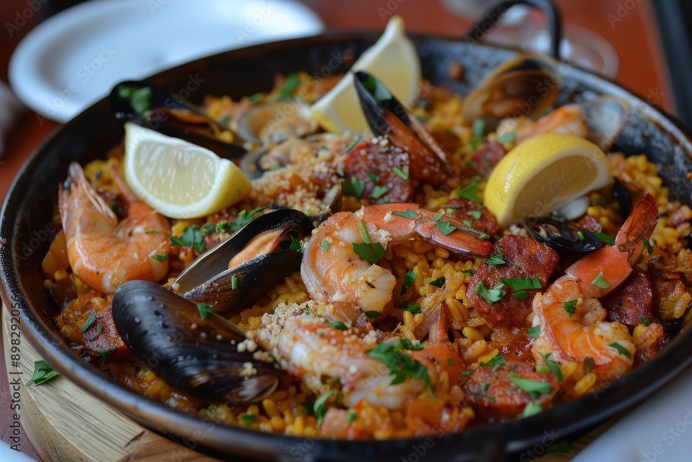 A dish of paella, a vibrant mix of saffron rice, shrimp, clams, mussels, and chorizo, garnished with lemon wedges and parsley. A dish of paella, a vibrant mix of saffron rice, shrimp, clams, mussels, and chorizo, garnished with lemon wedges and parsley.