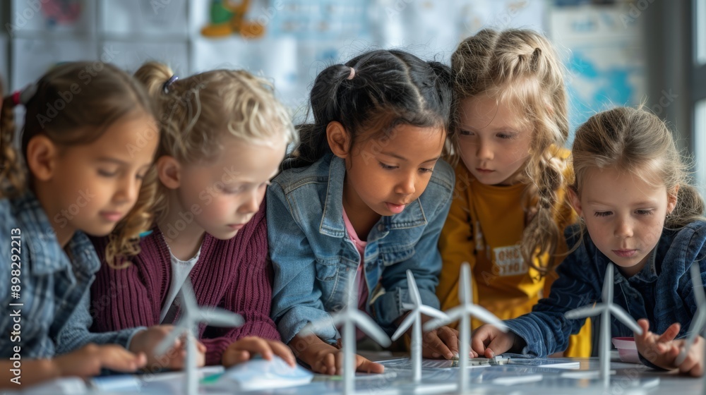 Diverse Group of Children Engaged in Renewable Energy Science Experiment in Classroom Diverse Group of Children Engaged in Renewable Energy Science Experiment in Classroom