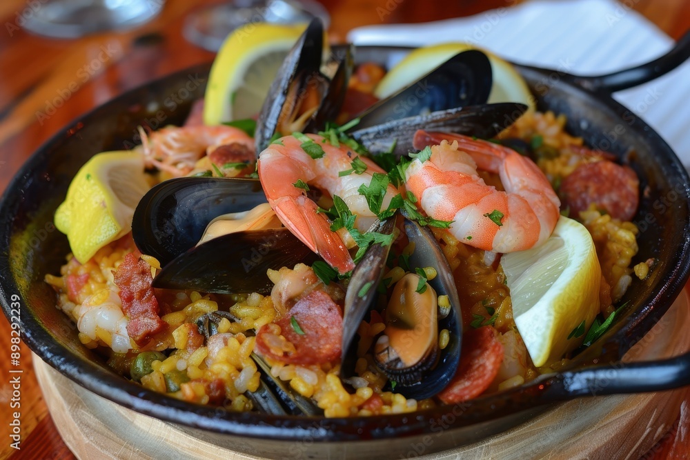 A dish of paella, a vibrant mix of saffron rice, shrimp, clams, mussels, and chorizo, garnished with lemon wedges and parsley. A dish of paella, a vibrant mix of saffron rice, shrimp, clams, mussels, and chorizo, garnished with lemon wedges and parsley.