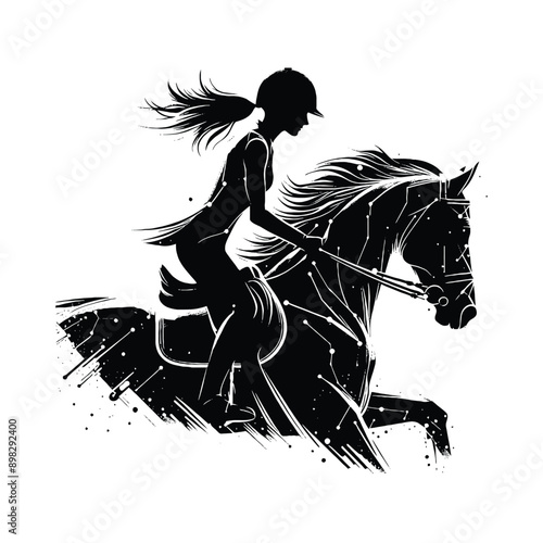 Equestrian, horse riding  female player in cyberpunk pattern illustration, emblem shield badge