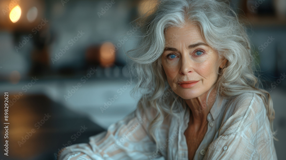 Elegant Mature Woman with Long Grey Hair in a Softly Lit Kitchen, Portraying Grace and Serenity Elegant Mature Woman with Long Grey Hair in a Softly Lit Kitchen, Portraying Grace and Serenity