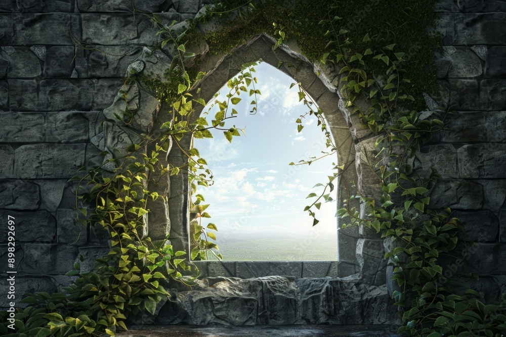 Fototapeta premium Fantasy Castle Window. A stone arch frame with ivy climbing up, detailed with medieval-style embellishments. The center is a clear, bright sky or a serene landscape view.