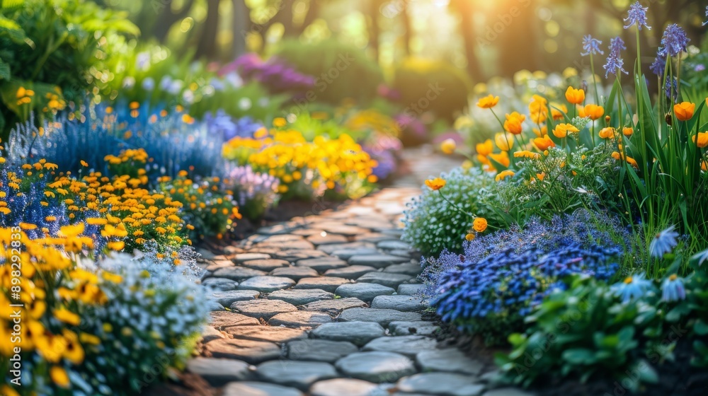 Obraz premium Blooming Garden With Flowers and Rocks