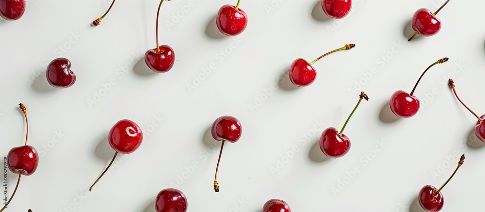 Cherries neatly arranged on a white background with copy space image Cherries neatly arranged on a white background with copy space image