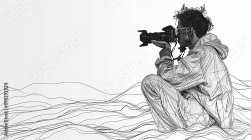 ketch of a photographer crouching with a camera, capturing the essence of photography with clean lines and a minimalist approach