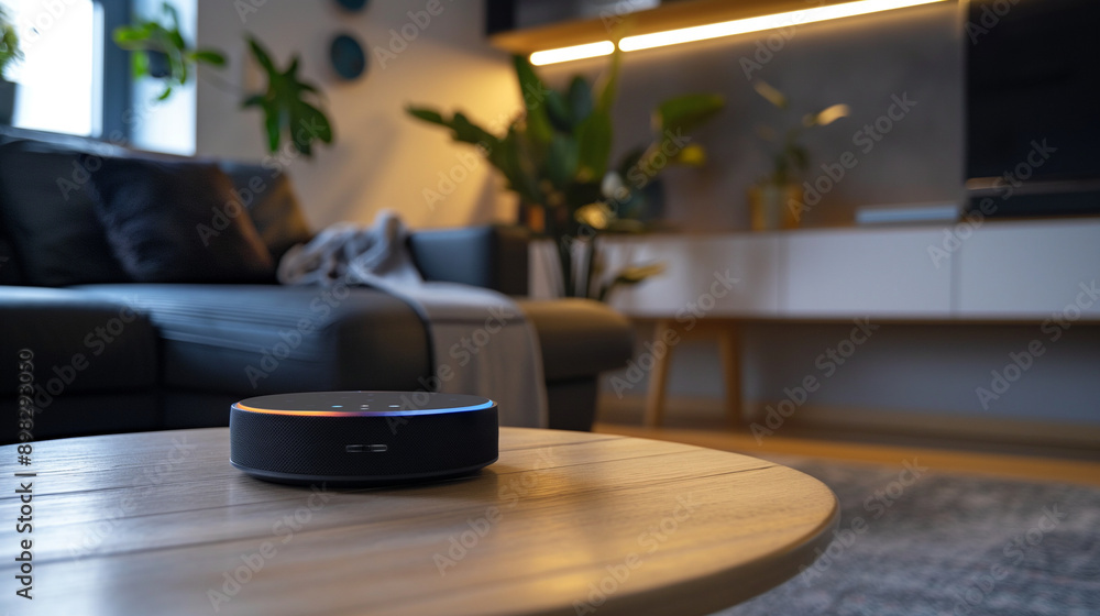 A sleek and powerful smart home hub, centrally located to control various connected devices in an apartment A sleek and powerful smart home hub, centrally located to control various connected devices in an apartment