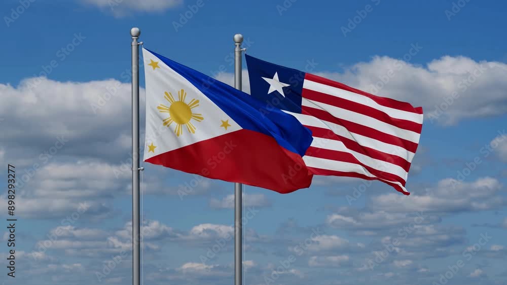 Liberia and Philippines flags flying together, video concept of the relationship, two country cooperation concept Liberia and Philippines flags flying together, video concept of the relationship, two country cooperation concept