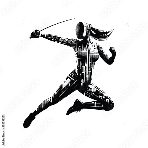 Fencing  female player in cyberpunk pattern illustration, emblem shield badge