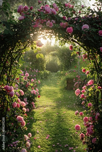 Flower Garden Archway. A frame made of blooming flowers intertwined with leafy vines. The center opens to a bright, sunlit meadow, with a path leading through the flowers, © grey
