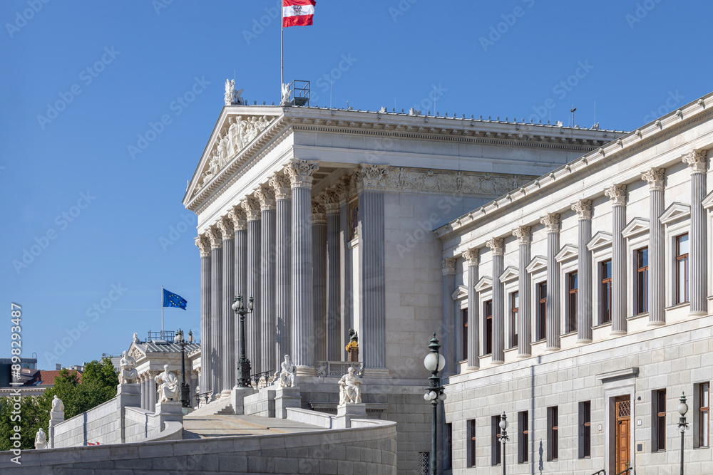 Facade of Austrian Parliament Building located on Ringstrasse boulevard, Vienna, Austria
