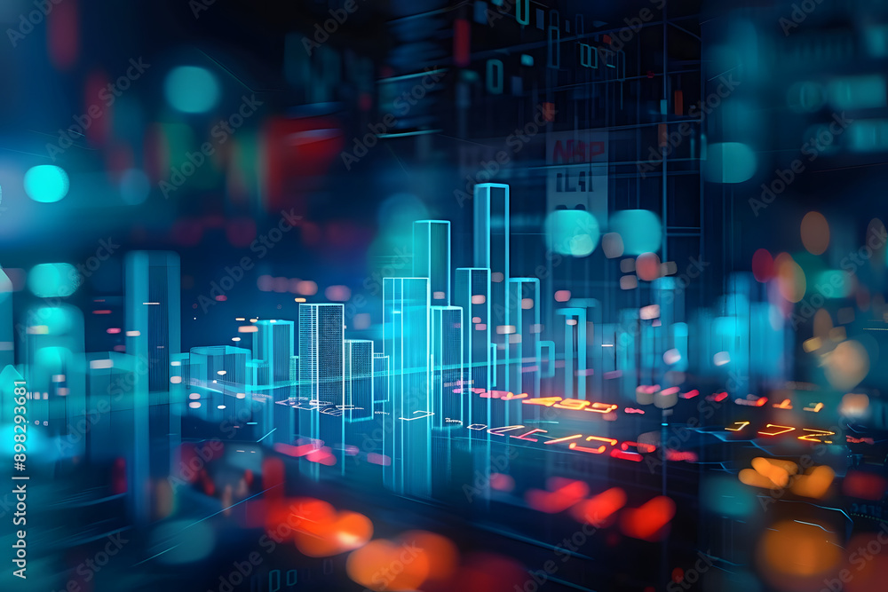 View of stock market expansion, business investment, and data analysis concept featuring digital financial charts, graphs, and indicators against a dark blue blurred background View of stock market expansion, business investment, and data analysis concept featuring digital financial charts, graphs, and indicators against a dark blue blurred background