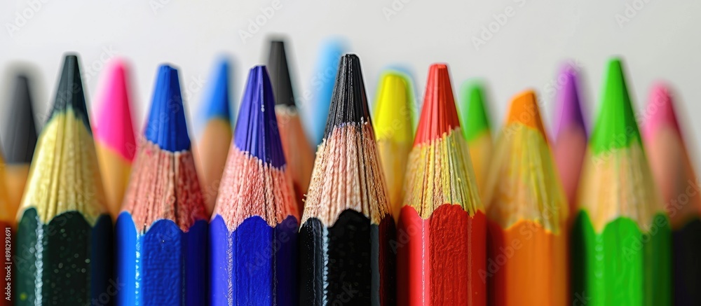 A black pencil stands out above colorful pencils in the foreground portraying creativity and leadership in a copy space image on a white background A black pencil stands out above colorful pencils in the foreground portraying creativity and leadership in a copy space image on a white background