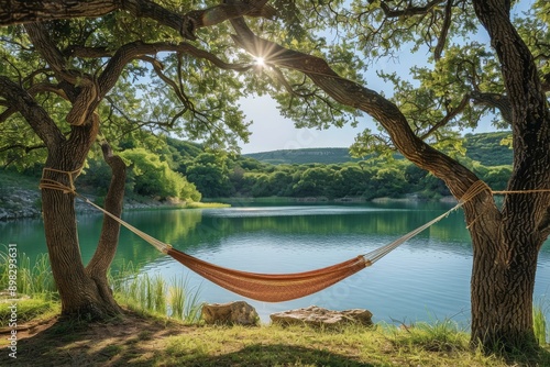 Hammock Hanging Between Two Trees by Lake