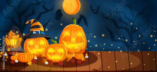 Spooky Night with Glowing Jack-O'-Lanterns, Fireflies, and Bats - Halloween Banner with Copyspace 