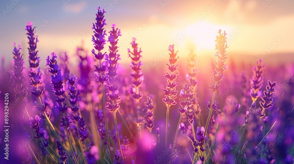 A lavender field undergoing a sunset backdrop A lavender field undergoing a sunset backdrop