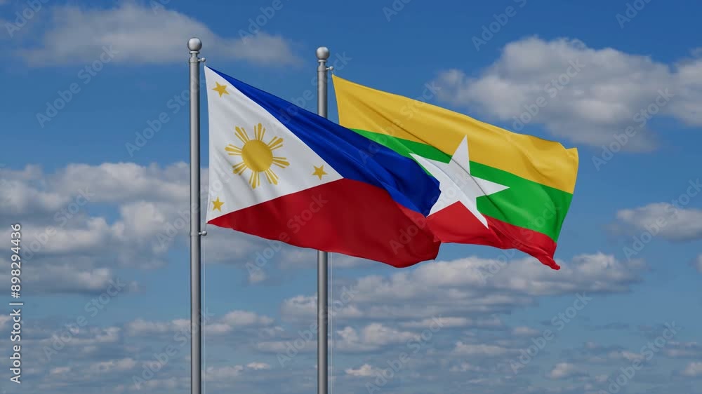 Myanmar aka Burma and Philippines flags flying together, video concept of the relationship, two country relations concept Myanmar aka Burma and Philippines flags flying together, video concept of the relationship, two country relations concept