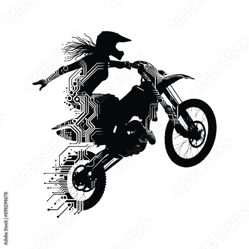 Motocross  female player in cyberpunk pattern illustration, emblem shield badge