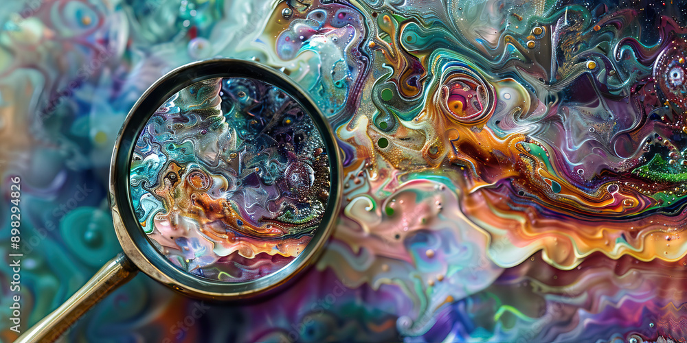 Fractal Universe: A magnifying glass reveals intricate patterns in a swirl of multicolored liquid. Fractal Universe: A magnifying glass reveals intricate patterns in a swirl of multicolored liquid.