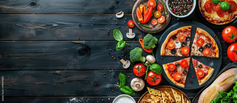Array of pizza toppings like mushrooms sausages tomatoes and vegetables arranged on a black wooden surface viewed from above with available copy space image Array of pizza toppings like mushrooms sausages tomatoes and vegetables arranged on a black wooden surface viewed from above with available copy space image