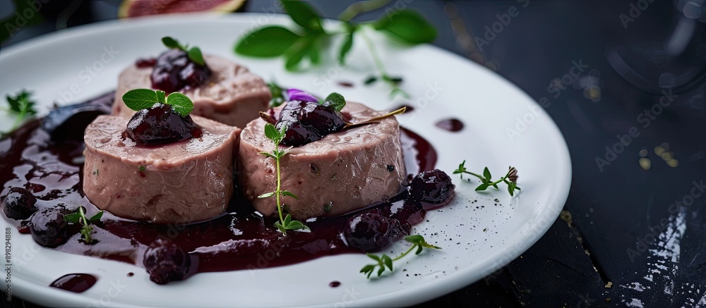Close up of chicken liver pate with blackcurrant and fig sauce on a white plate against a dark background suitable for a copy space image Close up of chicken liver pate with blackcurrant and fig sauce on a white plate against a dark background suitable for a copy space image