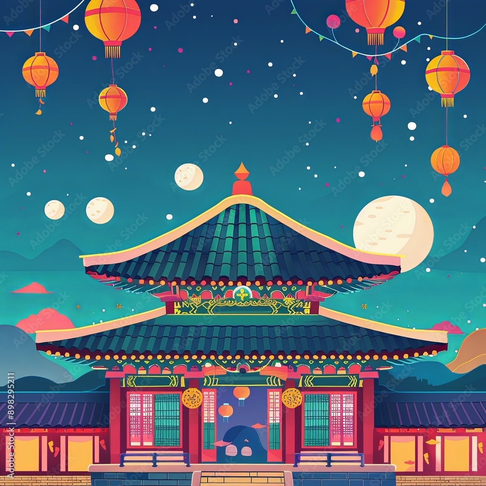 Fototapeta premium Festive Korean Temple Mid-Autumn Festival Traditional Decorations