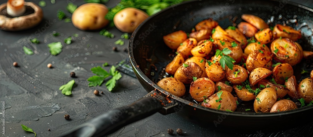 Close up of a rustic frying pan with mini potatoes beside fried chanterelle ideal for copy space image Close up of a rustic frying pan with mini potatoes beside fried chanterelle ideal for copy space image