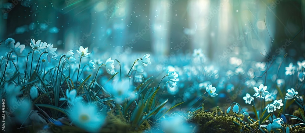 Fototapeta premium Close up photo in a forest meadow of snowdrop windflowers with a beautiful background of anemones perfect for a banner with copy space image