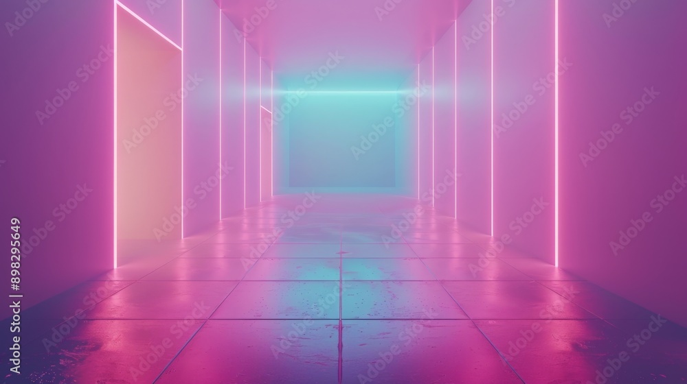 Empty corridor with pink and blue neon lights reflecting on the floor Empty corridor with pink and blue neon lights reflecting on the floor