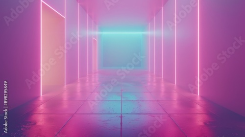Empty corridor with pink and blue neon lights reflecting on the floor