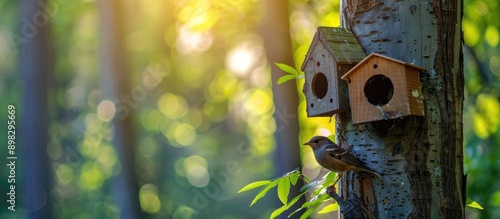 Birdhouses made of wood hang on a tree trunk in a forest with room for text in a copy space image