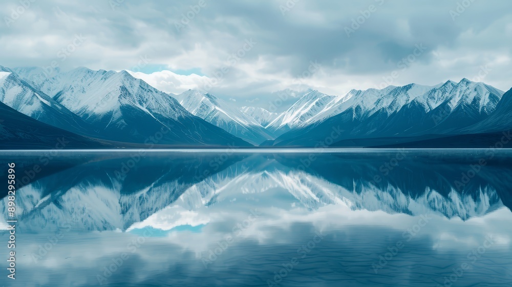 A mountain range mirrors in a tranquil lake; mountains distant, cloudy day A mountain range mirrors in a tranquil lake; mountains distant, cloudy day