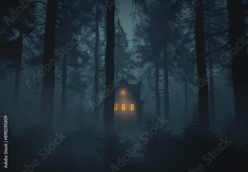 A spooky cabin with glowing windows stands in a dark, foggy forest.