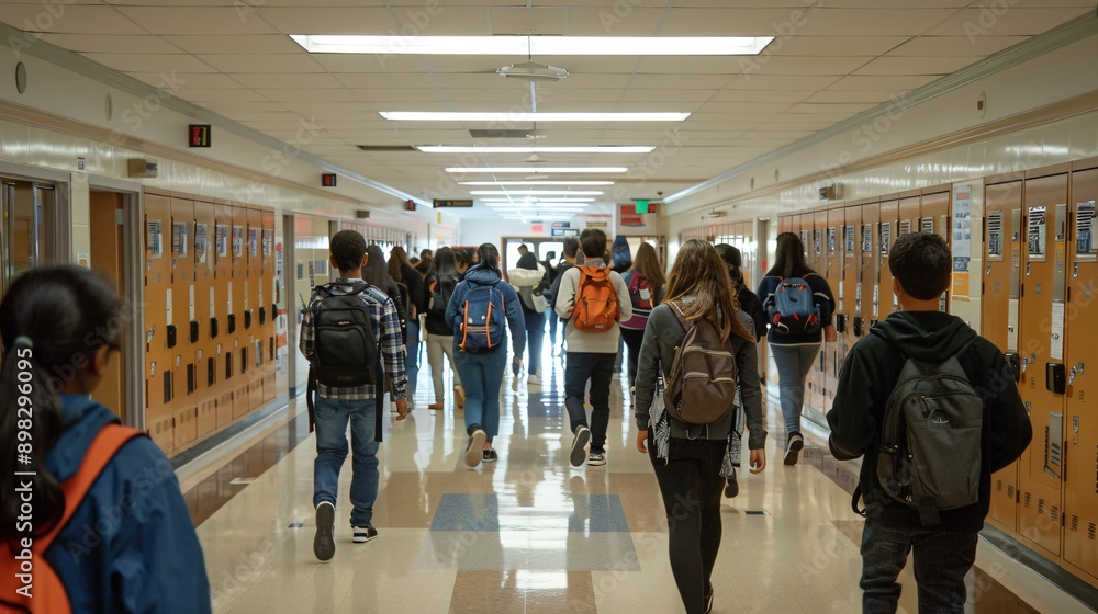 A bustling school hallway with students walking to their next class, lockers lining the walls A bustling school hallway with students walking to their next class, lockers lining the walls