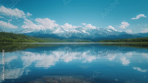  A crystalline body of water nestled among mountains under a cobalt sky, dotted with fluffy, white clouds