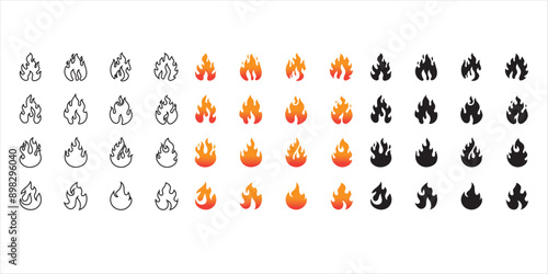 Fire flame icon set. Fire flames. Flame symbols. Fire silhouette. Set of red, orange, Black, and vector line fire flame. Collection of hot flaming elements. Fire, flame. Vector illustration.