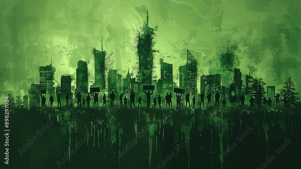Obraz premium Environmental Protest: Silhouettes of people holding signs and protesting against climate change with a backdrop of a polluted city 