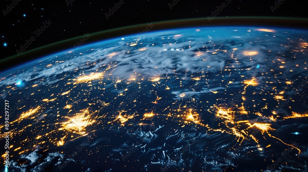 Earth from space. Global Communication Network: Earth with a network of satellites creating a web of communication lines encircling the planet Earth from space. Global Communication Network: Earth with a network of satellites creating a web of communication lines encircling the planet