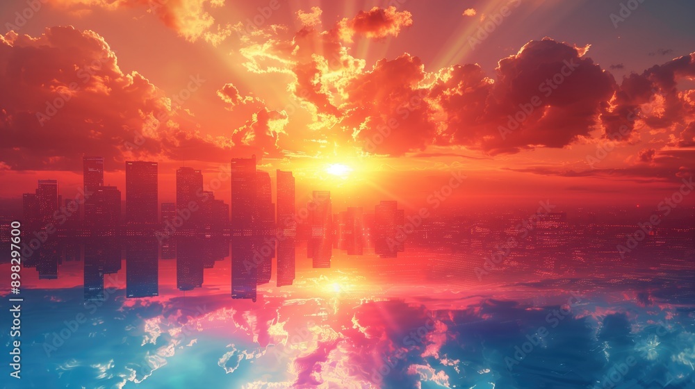 Skyscraper Heat Traps: Skyscrapers with reflective windows trapping heat rays, visualizing urban heat islands and the broader greenhouse effect Skyscraper Heat Traps: Skyscrapers with reflective windows trapping heat rays, visualizing urban heat islands and the broader greenhouse effect