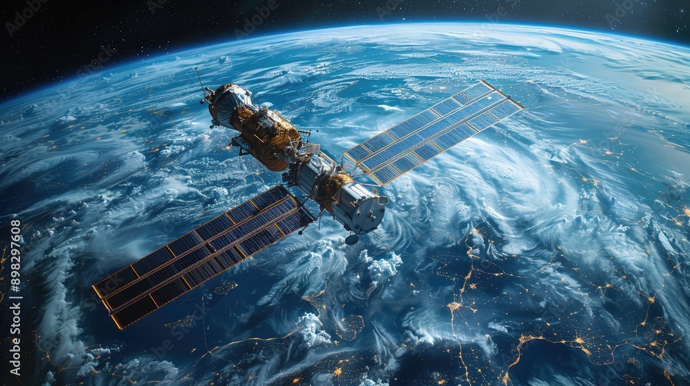 Naklejka premium Satellite Over Earth Surface: A detailed satellite capturing high-resolution images of Earth surface, with continents and oceans visible -