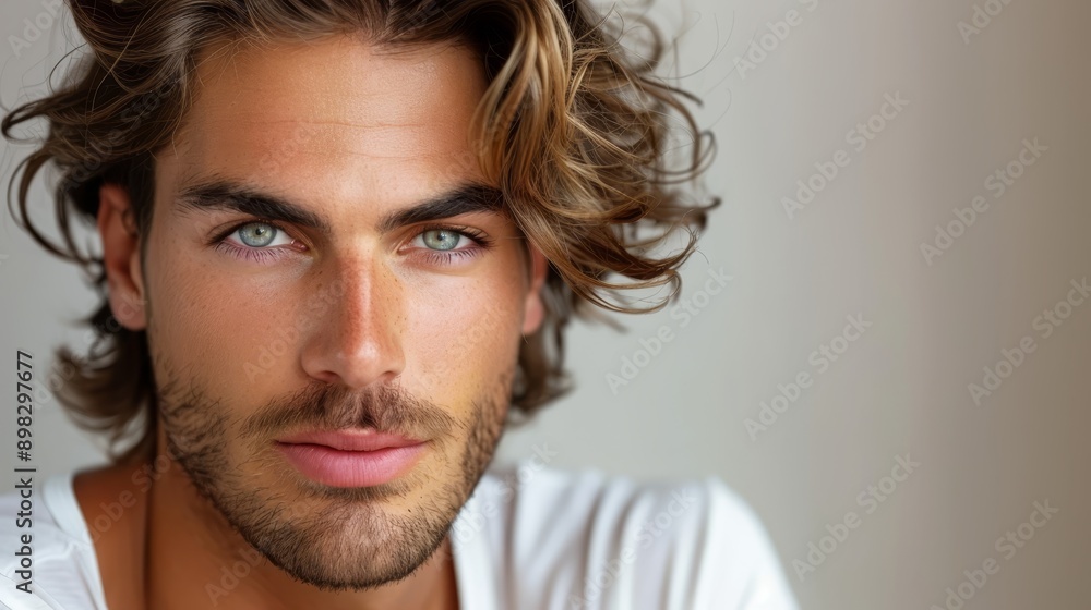 A tight shot of a man with long hair and penetrating blue eyes gazing intently into the camera, wearing a serious expression A tight shot of a man with long hair and penetrating blue eyes gazing intently into the camera, wearing a serious expression