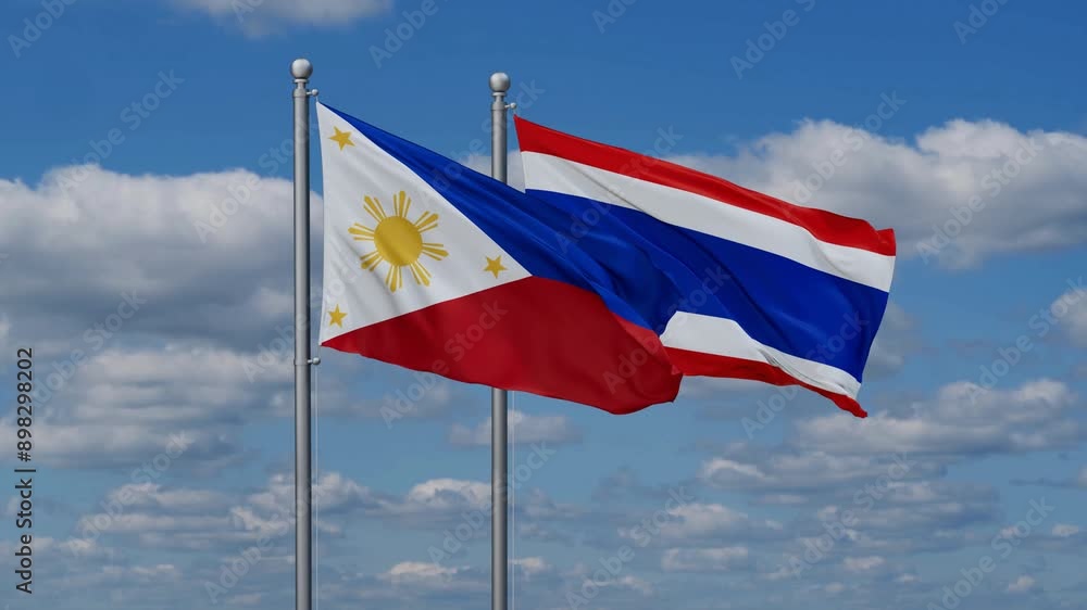 Kingdom of Thailand and Philippines flags flying together, video concept of the relationship, two country cooperation concept Kingdom of Thailand and Philippines flags flying together, video concept of the relationship, two country cooperation concept