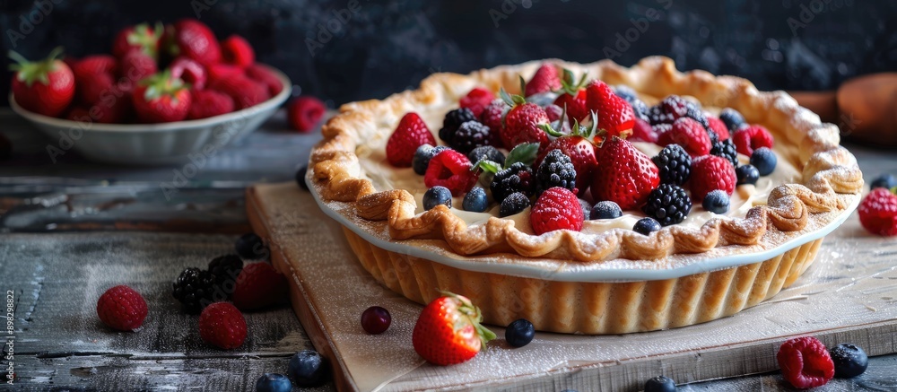 A delicious pie with a sweet pastry crust and a creamy filling perfect for desserts and baking recipes Ideal for showcasing in a photography featuring a copy space image A delicious pie with a sweet pastry crust and a creamy filling perfect for desserts and baking recipes Ideal for showcasing in a photography featuring a copy space image