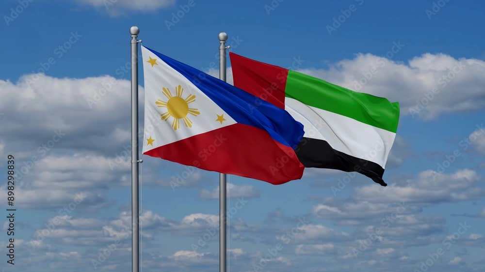 United Arab Emirates and Philippines flags flying together, video concept of the relationship, two country cooperation concept United Arab Emirates and Philippines flags flying together, video concept of the relationship, two country cooperation concept