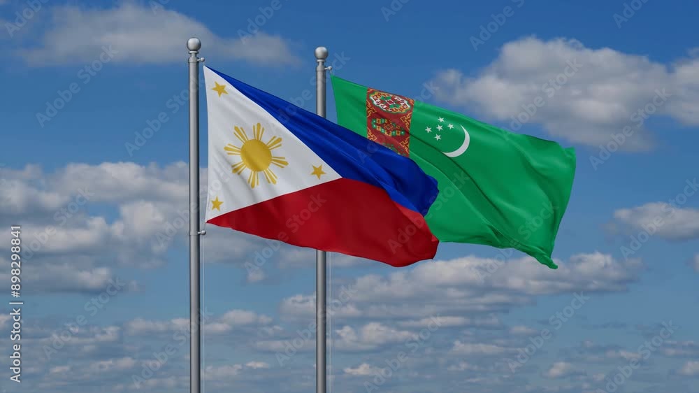 Turkmenistan and Philippines flags flying together, video concept of the relationship, two country cooperation concept Turkmenistan and Philippines flags flying together, video concept of the relationship, two country cooperation concept