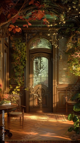 The image depicts a mystical doorway leading into a lush and vib