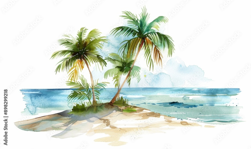 Obraz premium Tropical Summer Paradise: AI-Generated 4K Wallpaper of Watercolor Palm Trees on Idyllic Beach. Vibrant Illustration for Holiday Travel, T-shirt Design, and Joyful Vacation Vibes. Isolated on White Bac